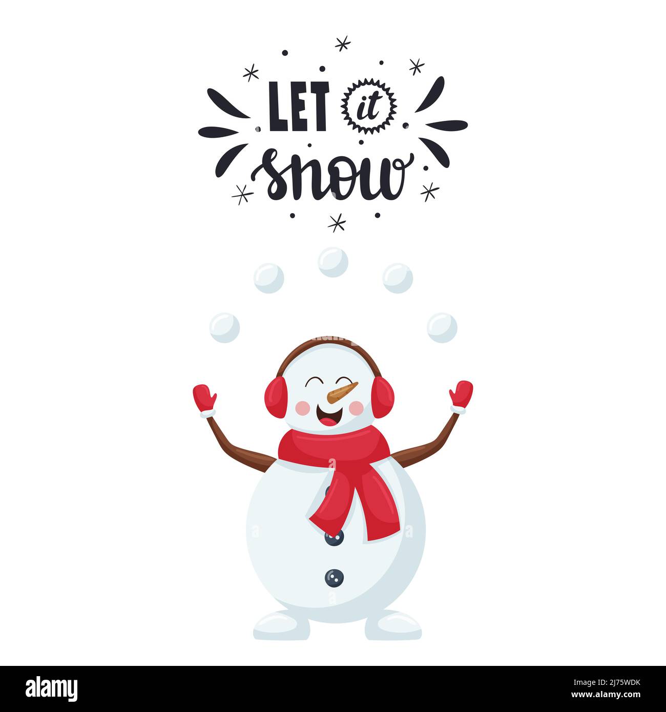 Une carte postale avec un bonhomme de neige joyeux et souriant dans un  foulard rouge qui jongle avec des boules de neige. Mot-lettrage à la main -  Laissez-le neiger. Vecto de couleur