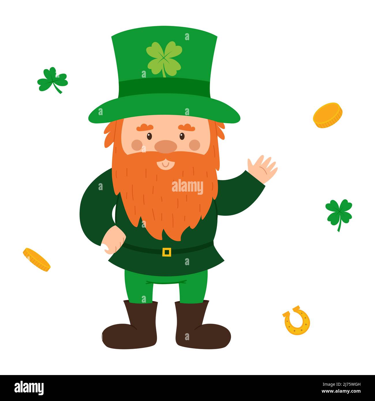 Un petit gnome agitant avec une barbe rouge et un chapeau vert avec des vagues de trèfle sa main. Une carte postale avec un petit nain. Carte avec joli personnage de dessin animé iso Illustration de Vecteur