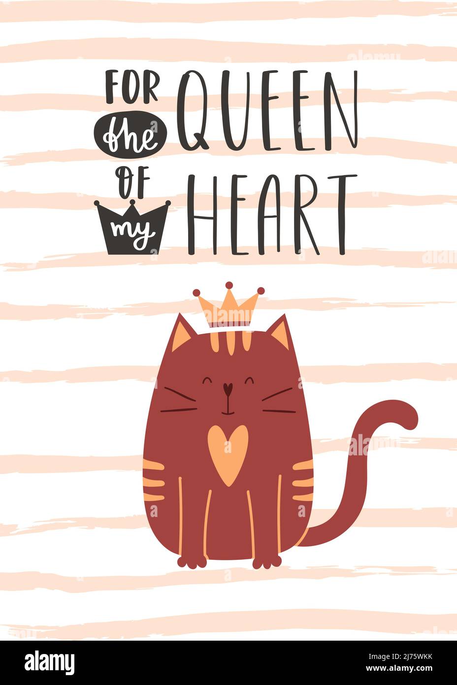 Carte de vœux de Saint-Valentin avec un chat mignon assis et souriant dans une couronne. Une phrase manuscrite - pour la reine de mon coeur. Vecteur de dessin animé Illustration de Vecteur