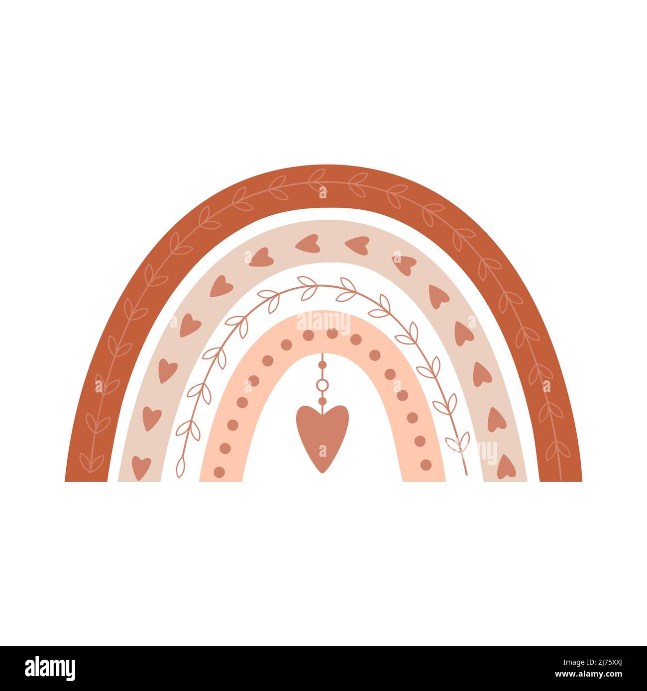 Adorable boho arc-en-ciel avec coeurs, brindilles et éléments de boho. Élément décoratif de couleurs neutres et pastel pour le design de la chambre de bébé, les cartes de douche de bébé et les invités Illustration de Vecteur
