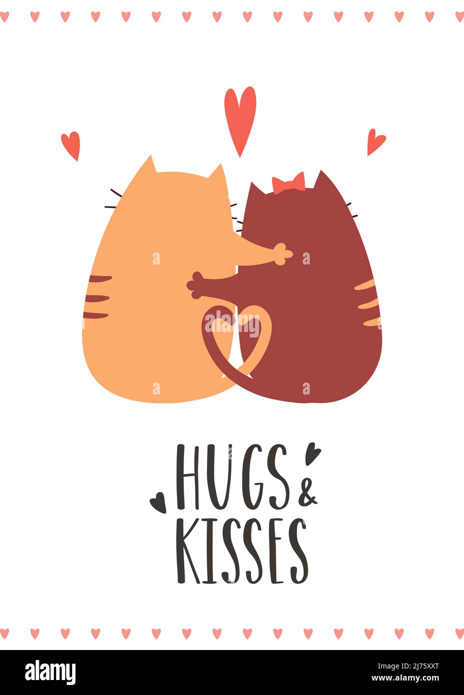 Carte de vœux pour la Saint-Valentin avec des amoureux qui embrasent les chats assis avec leur dos. Expressions manuscrites : des câlins et des baisers. Illustration vectorielle de dessin animé Illustration de Vecteur