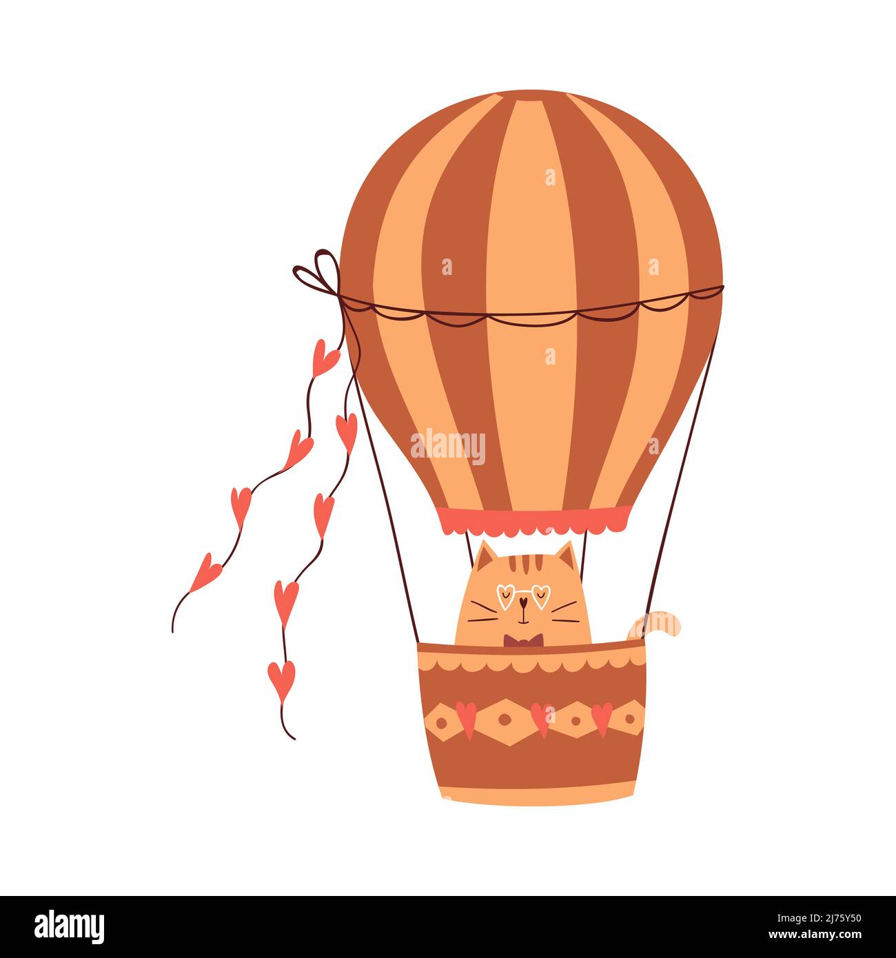 Un joli chat de dessin animé vole sur un ballon chaud avec des coeurs. Joli élément décoratif pour cartes de vœux de Saint-Valentin. Illustration vectorielle isolée sur un Illustration de Vecteur