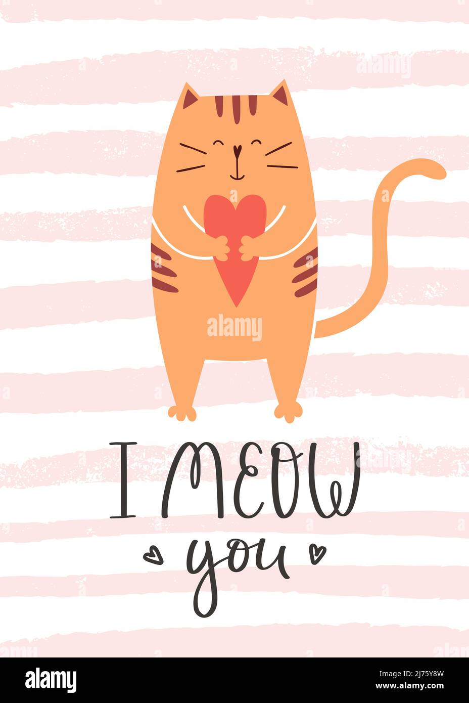 Carte de vœux de Saint-Valentin avec un adorable chat debout tenant un coeur dans ses pattes. La phrase manuscrite que je vous méprends. Illustration vectorielle de dessin animé Illustration de Vecteur