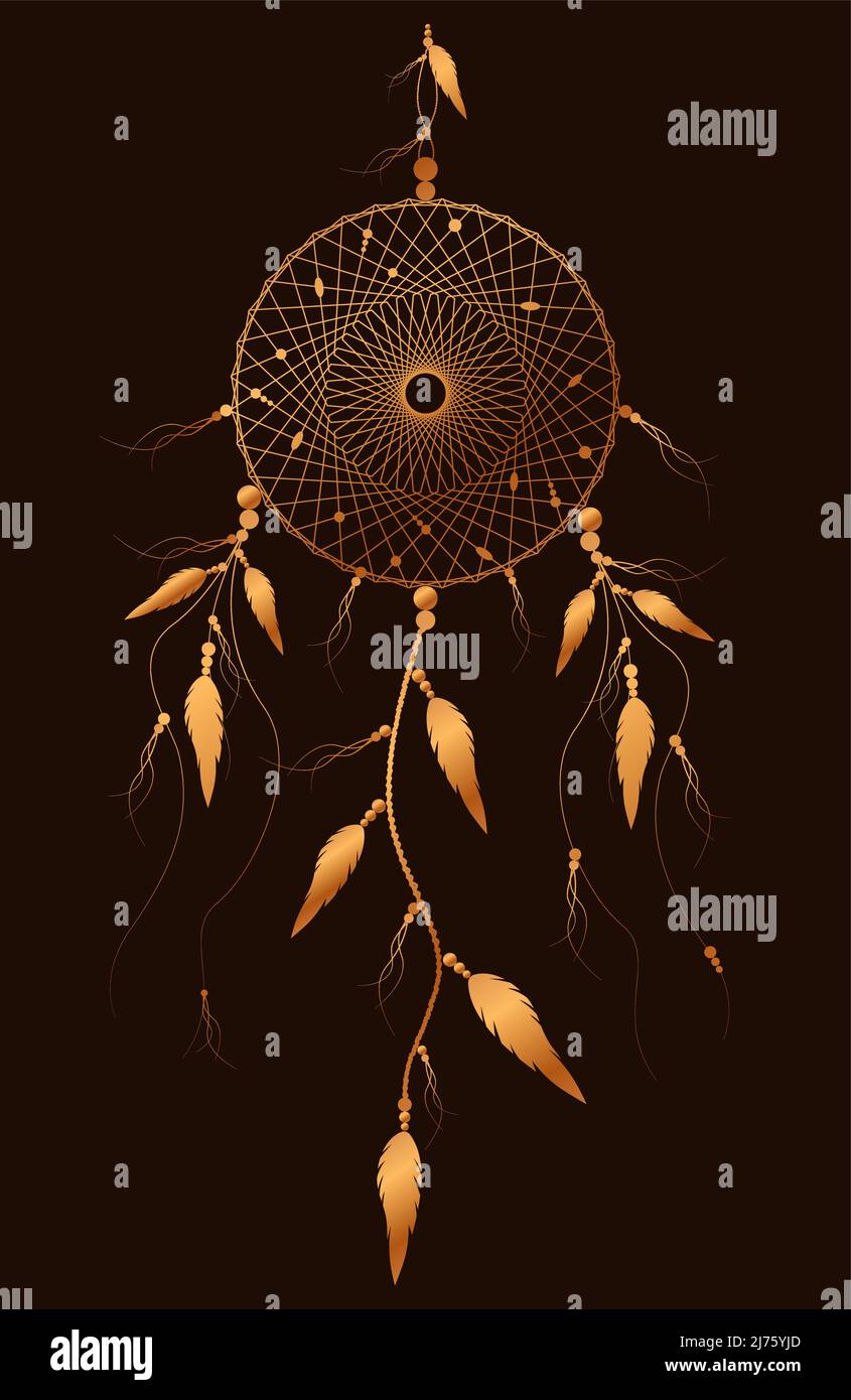 dreamcatcher avec ornement de mandala et plumes d'oiseau. Symbole Mystic d'or, art ethnique avec dessin de boho amérindien, vecteur isolé Illustration de Vecteur