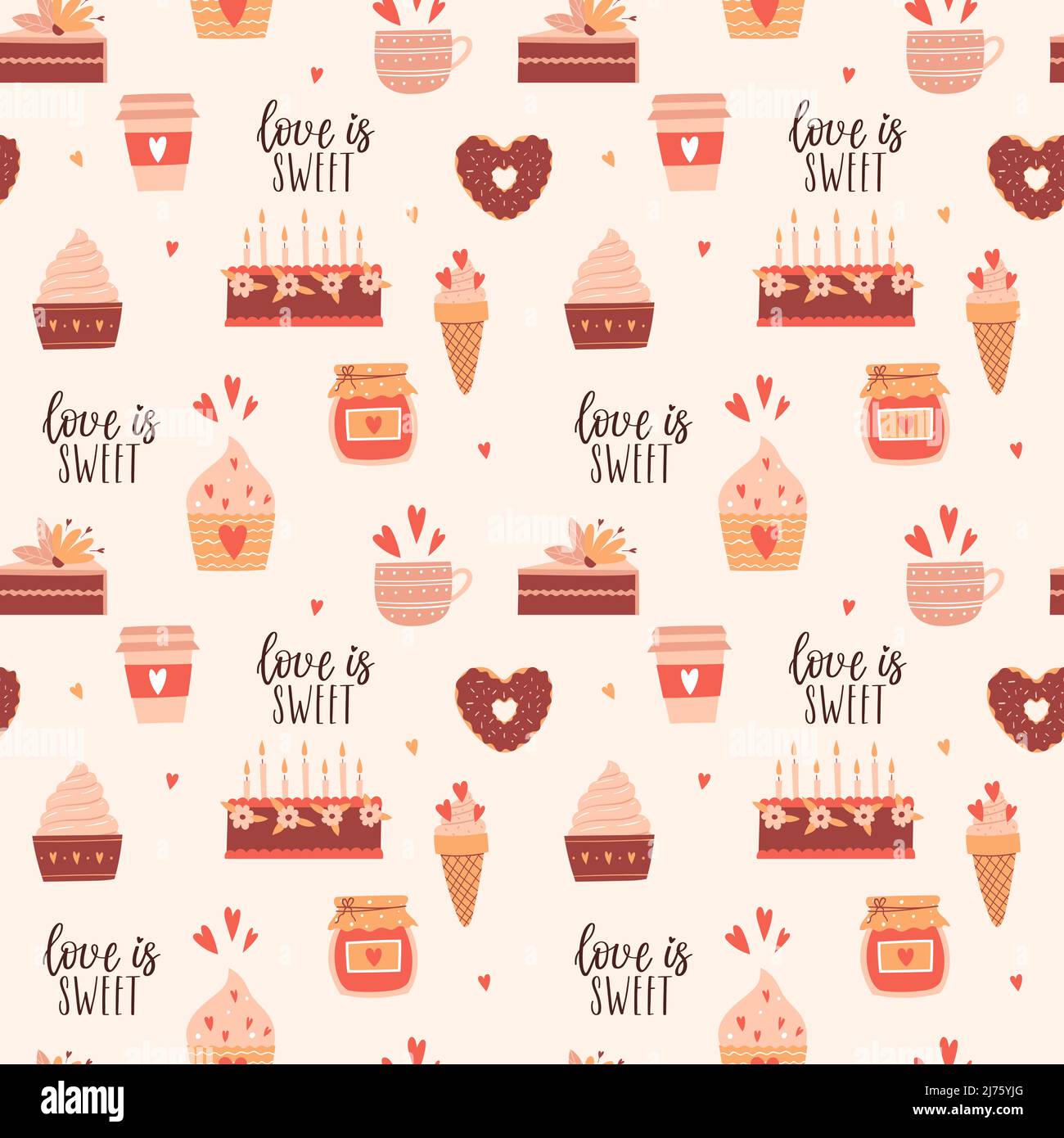 Motif sans couture avec bonbons, gâteau, beignet, cupcake, confiture et l'expression - l'amour est doux.illustrations vectorielles de couleur sur un fond beige clair. Parfait Illustration de Vecteur