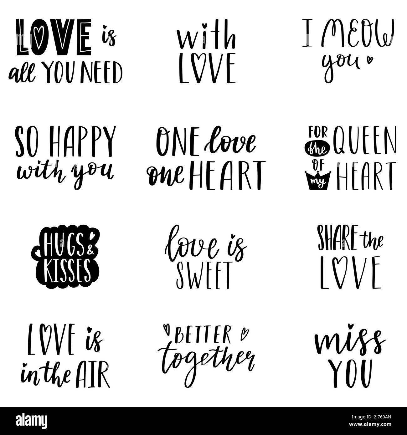 Un ensemble de mots et de phrases manuscrits pour la création de cartes de Saint-Valentin. Lettrage à la main. Silhouettes vectorielles noires et blanches dessinées à la main isolées Illustration de Vecteur