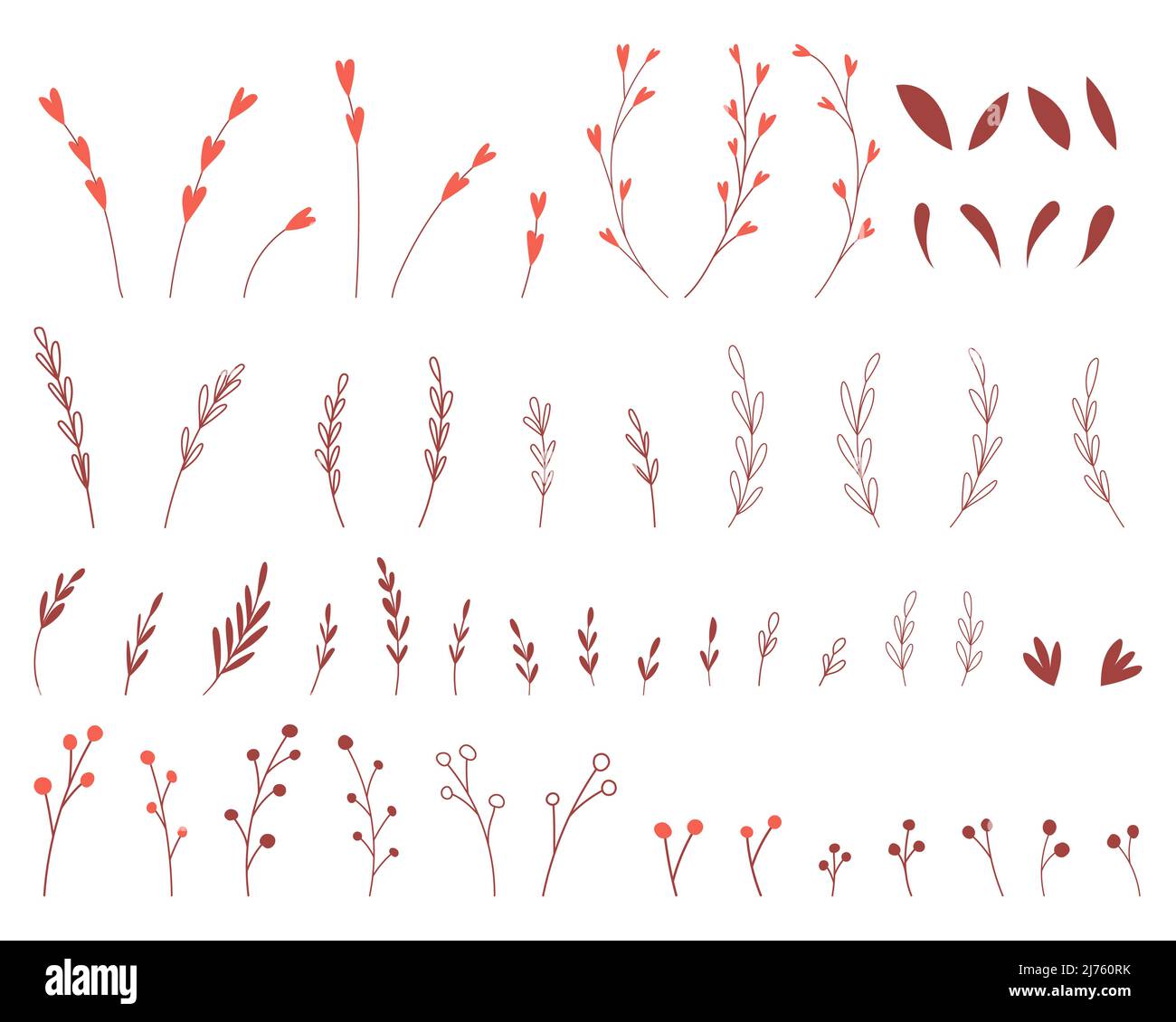 Un ensemble d'éléments botaniques simples. Brindilles, feuilles, branches avec coeurs, baies de style puérile. Couleurs de boho. Illustrations vectorielles plates isolées sur un Illustration de Vecteur