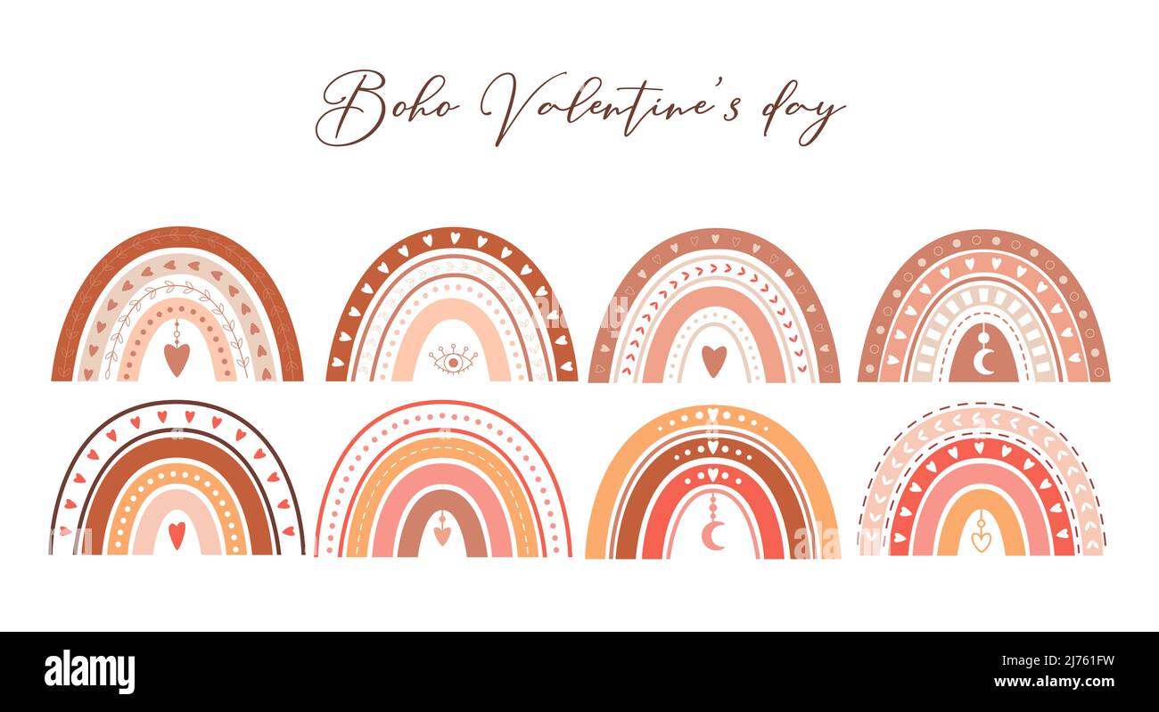 Ensemble de boho arc-en-ciel avec coeurs, yeux, croissant de lune. Un joli arc-en-ciel pastel pour la Saint-Valentin. Illustrateur de vecteur de couleur Illustration de Vecteur