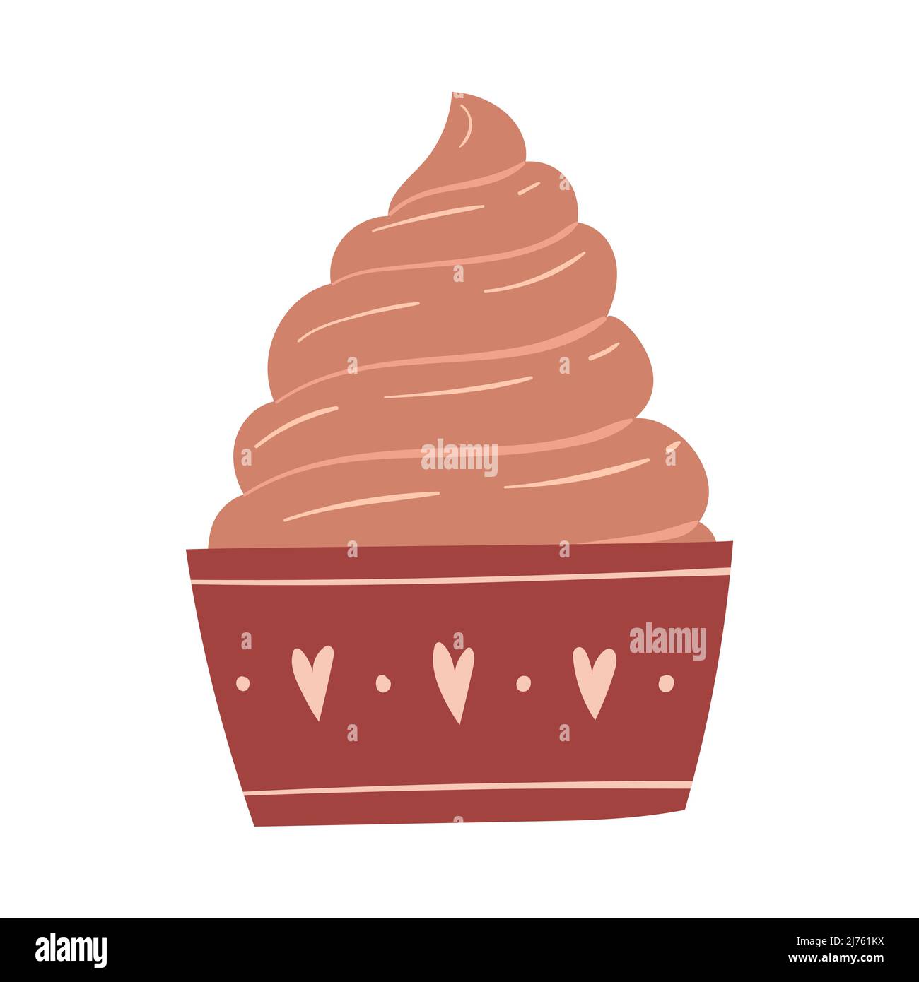 Cupcake à la crème au chocolat, saupoudrer et cœur. Mets sucrés, pâtisseries. Un élément décoratif pour la Saint-Valentin. Illustrat simple à vecteur de couleur plat Illustration de Vecteur
