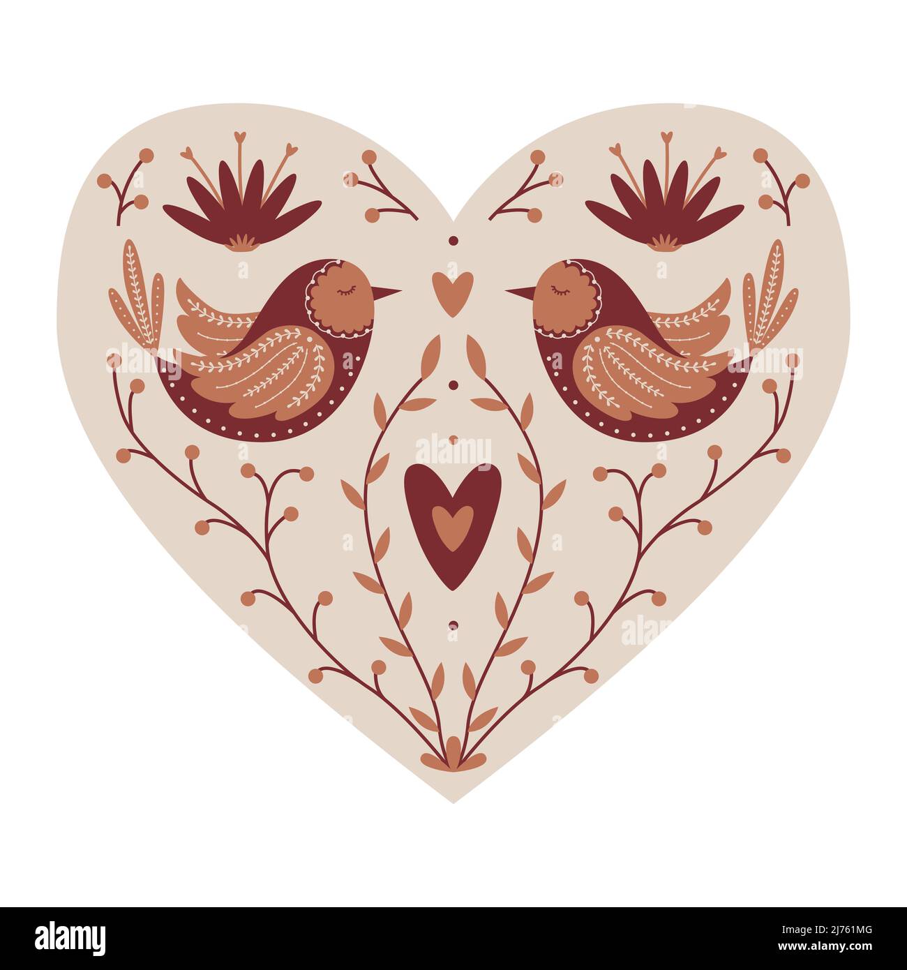 Coeur mystique symétrique avec des oiseaux, des brindilles, des coeurs. Élément décoratif pour cartes de Saint-Valentin, design d'emballage. Isola de l'illustration à vecteur de couleur Illustration de Vecteur
