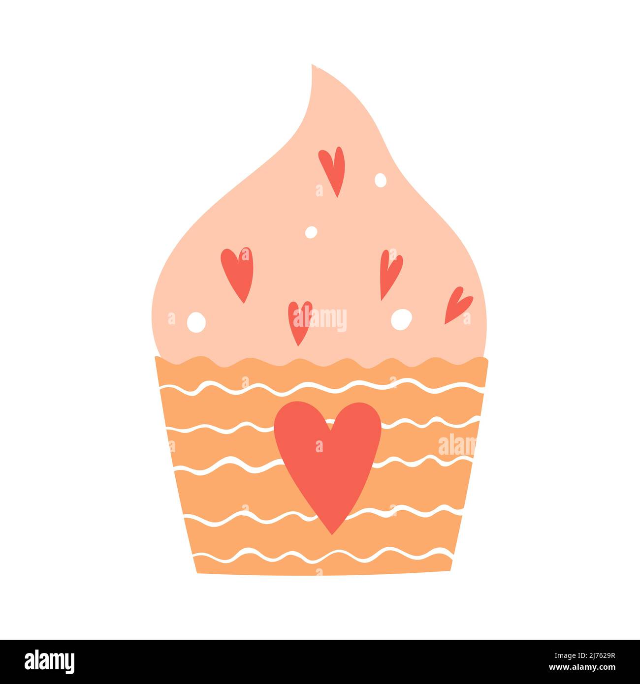 Cupcake à la crème saupoudrée et au cœur. Mets sucrés, pâtisseries. Un élément décoratif pour la Saint-Valentin. Illustration simple à vecteur de couleur plat Illustration de Vecteur