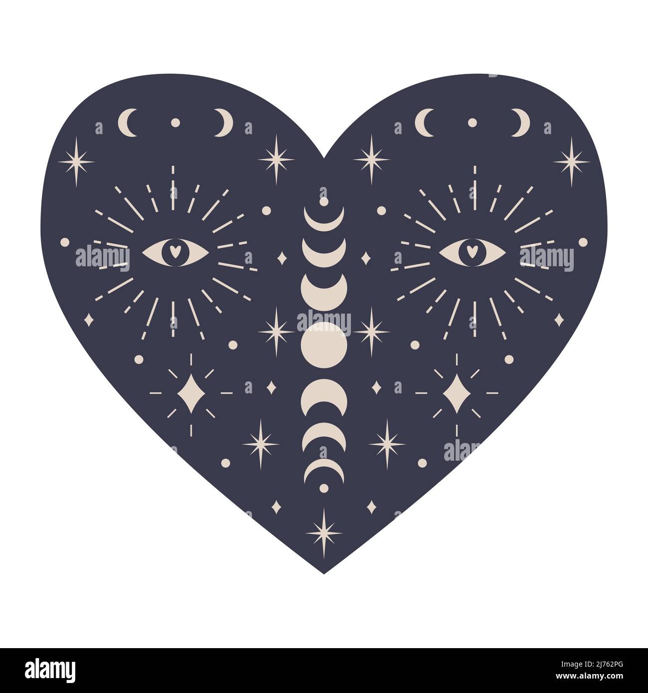 Cœur mystique symétrique avec éléments célestes, phases de lune, croissant de lune, étoiles, œil. Élément décoratif pour cartes de Saint-Valentin, emballage de Illustration de Vecteur