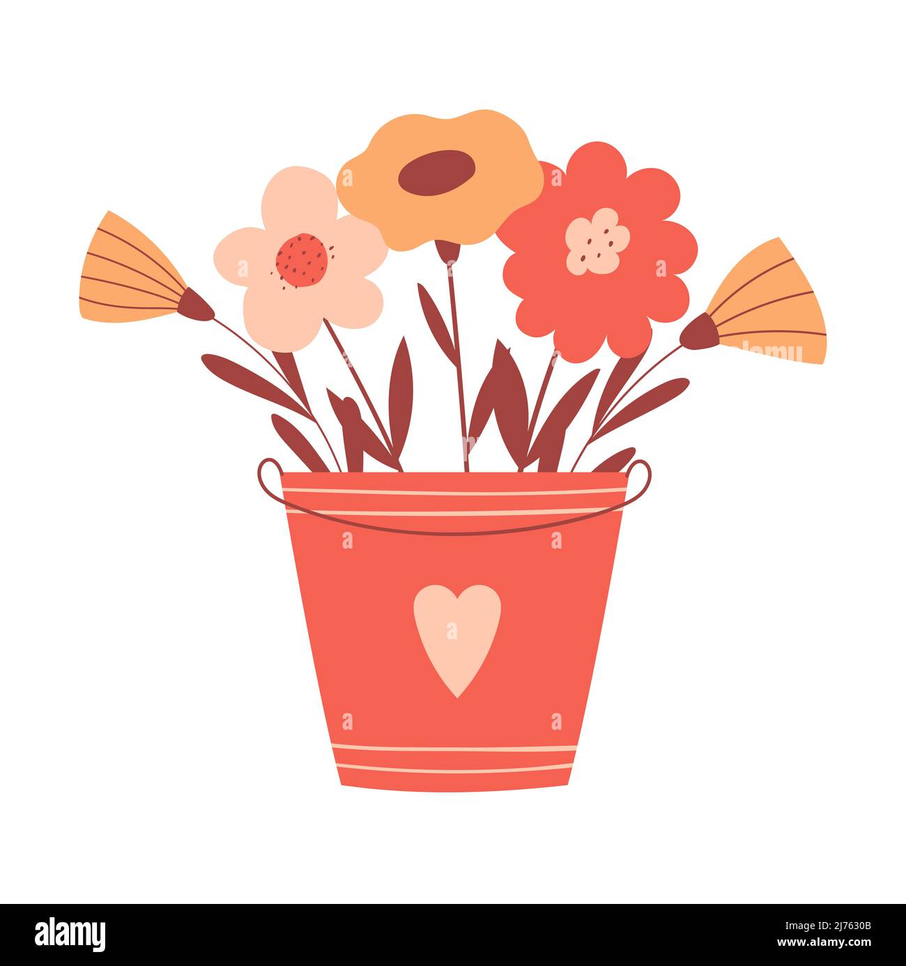 Arrangement de fleur, bouquet dans un seau avec coeur. Composition botanique avec de jolies fleurs en forme de sinple dans un style de dessin animé. Isolat des illustrations vectorielles couleur Illustration de Vecteur