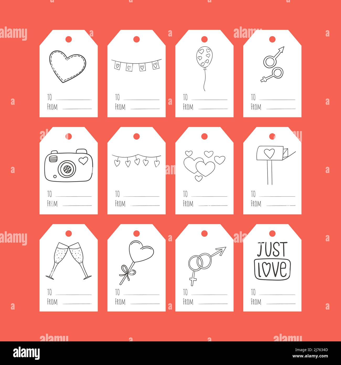 Ensemble d'étiquettes cadeau avec gribouillages noirs et blancs dessinés à la main pour la Saint-Valentin. Une collection d'étiquettes présentes avec des illustrations et des mots à, de. Si Illustration de Vecteur