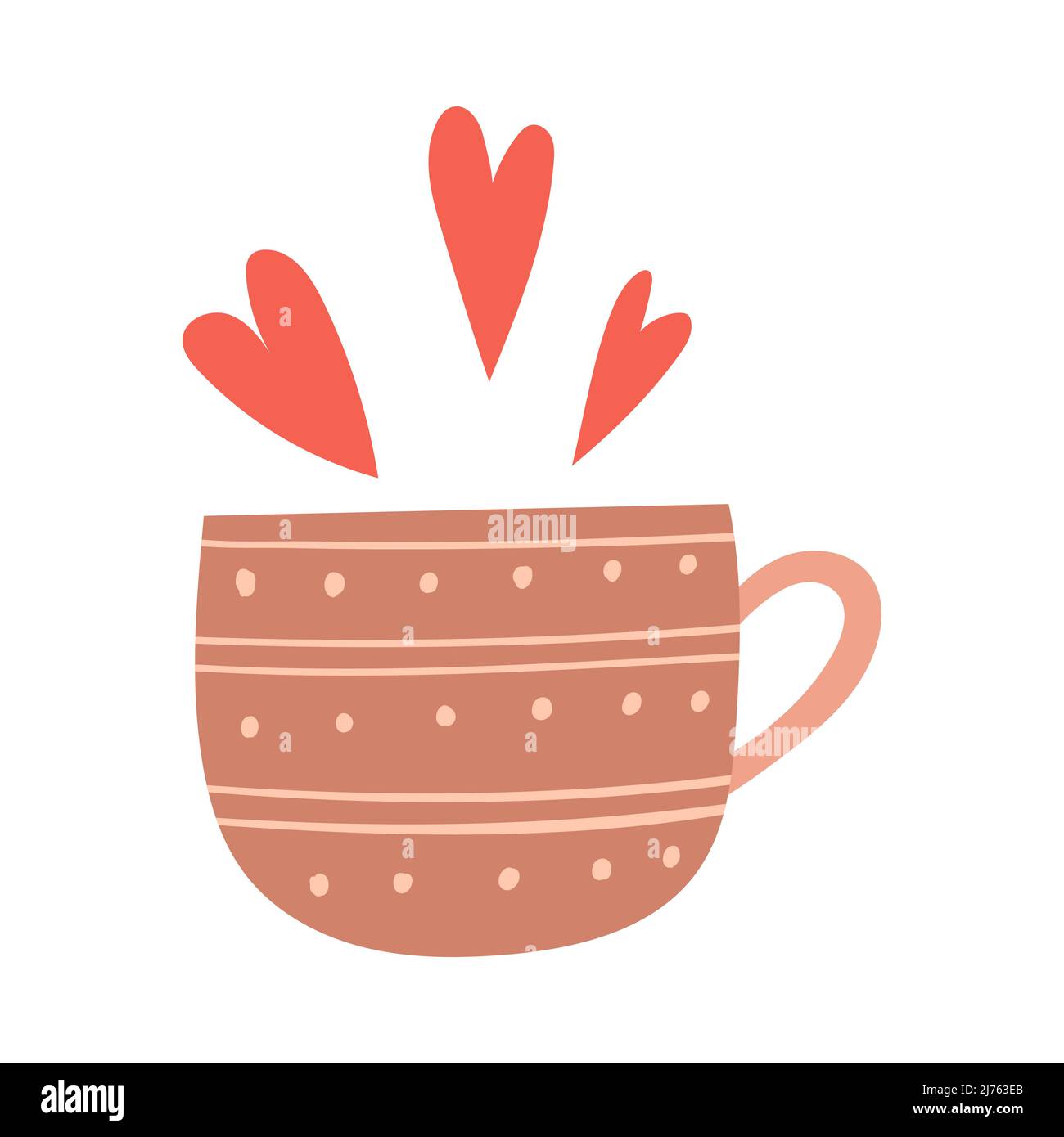 Un mug avec un motif et des coeurs. Une tasse avec une boisson. Élément décoratif pour cartes de Saint-Valentin. Illustration simple à vecteur de couleur plat isolée sur W Illustration de Vecteur