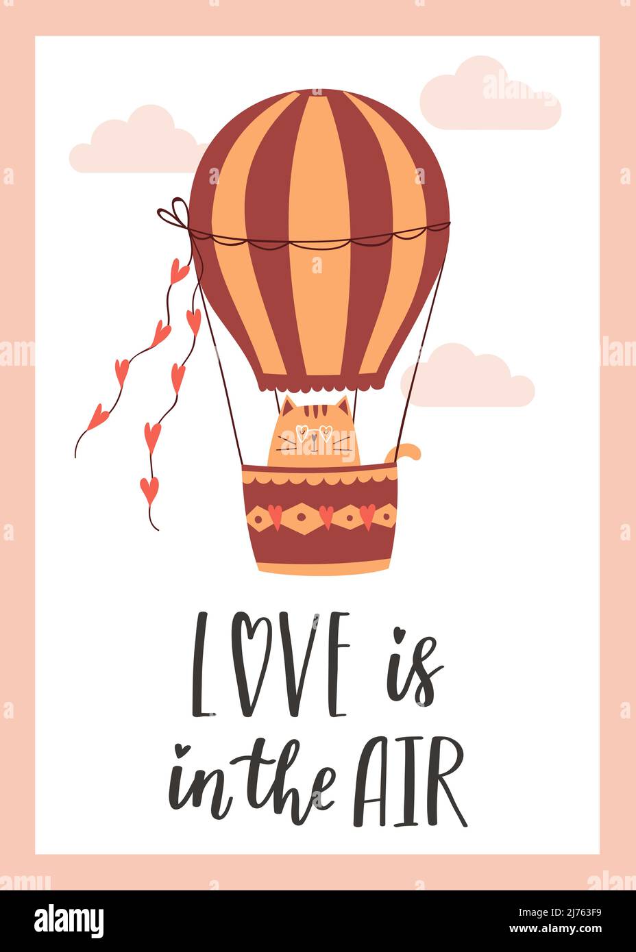 Carte de vœux de Saint-Valentin avec un chat mignon volant sur un ballon à air chaud. L'expression manuscrite Amour est dans l'air. Lettrage à la main. Vecteur de dessin animé Illustration de Vecteur