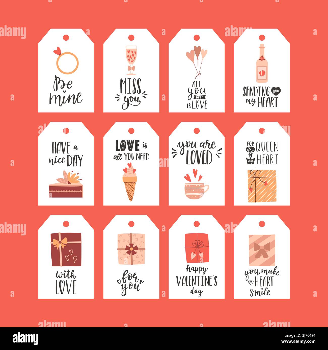 Un ensemble d'étiquettes cadeau pour la Saint-Valentin. Boîte cadeau, gâteau, cœurs. Présentez des étiquettes avec de mignons illustrations de dessins animés et des phrases de salutation manuscrites et wi Illustration de Vecteur