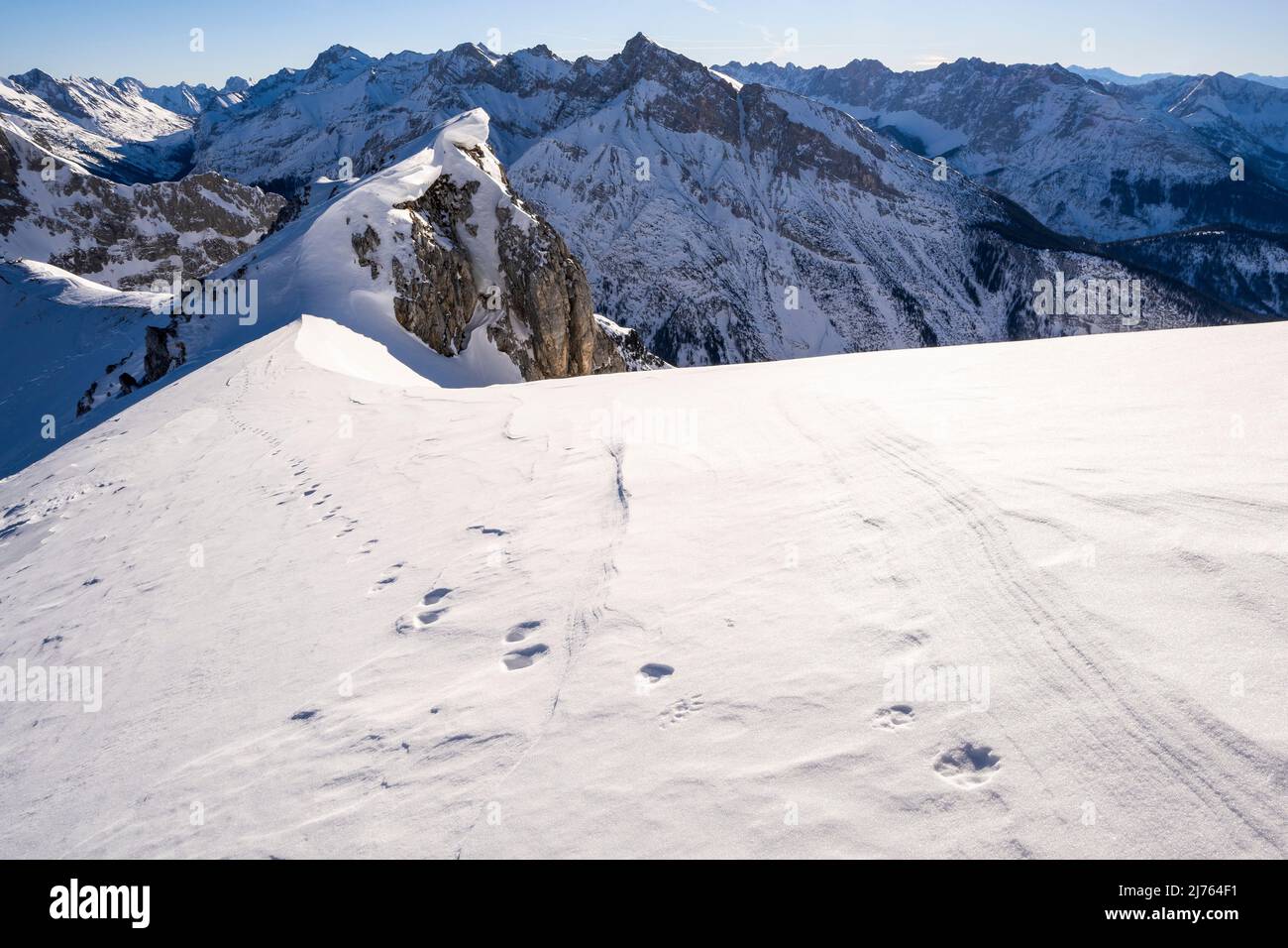 Pistes, ou piste probablement de martres de hêtre, sur le sentier panoramique du Karwendel, près du Mittenwald Karwendelbahn. En arrière-plan, le Pléisenspitze et le Karwendel en hiver. Banque D'Images Pistes, ou piste probablement de martres de hêtre, sur le sentier panoramique du Karwendel, près du Mittenwald Karwendelbahn. En arrière-plan, le Pléisenspitze et le Karwendel en hiver. Banque D'Images