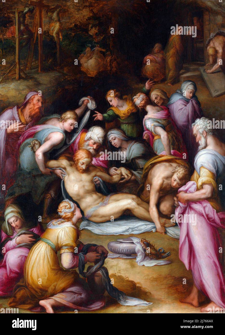 Lamentation du Christ mort par le peintre Manneriste italien Giovanni Battista Naldini (1535–1591), huile sur peuplier, c. 1572 Banque D'Images