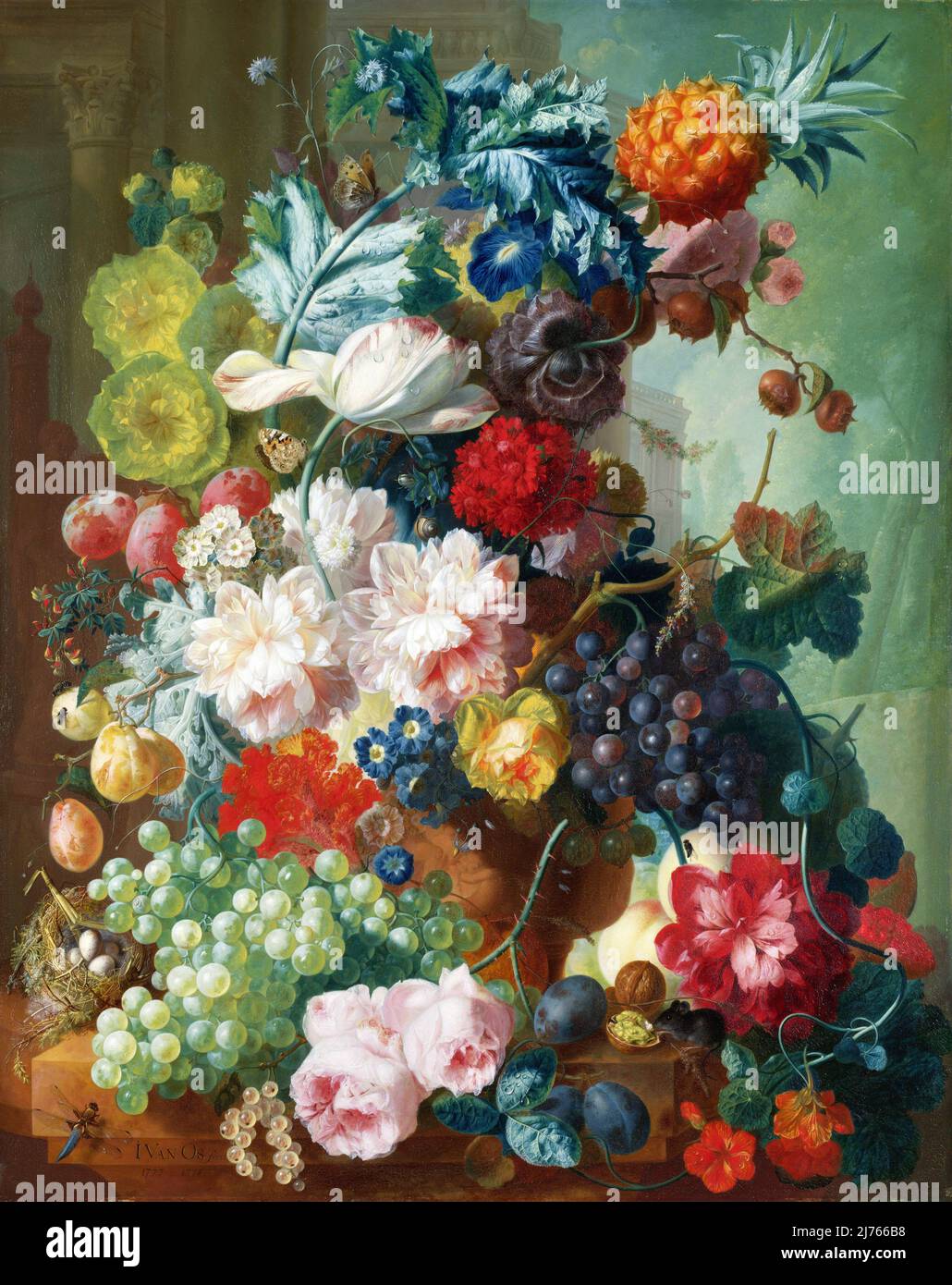 Fruits et fleurs dans un vase en terre cuite de l'artiste néerlandais Jan van OS (1744-1808), huile sur acajou, 1777-8 Banque D'Images