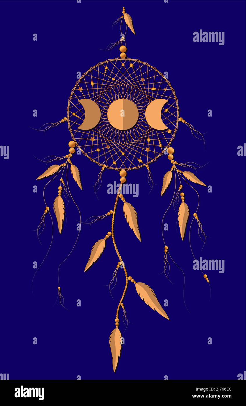 Dreamcatcher mandala ornement phases de lune et plumes d'oiseau. Symbole Mystic d'or, art ethnique avec dessin de boho amérindien, vecteur isolé Illustration de Vecteur