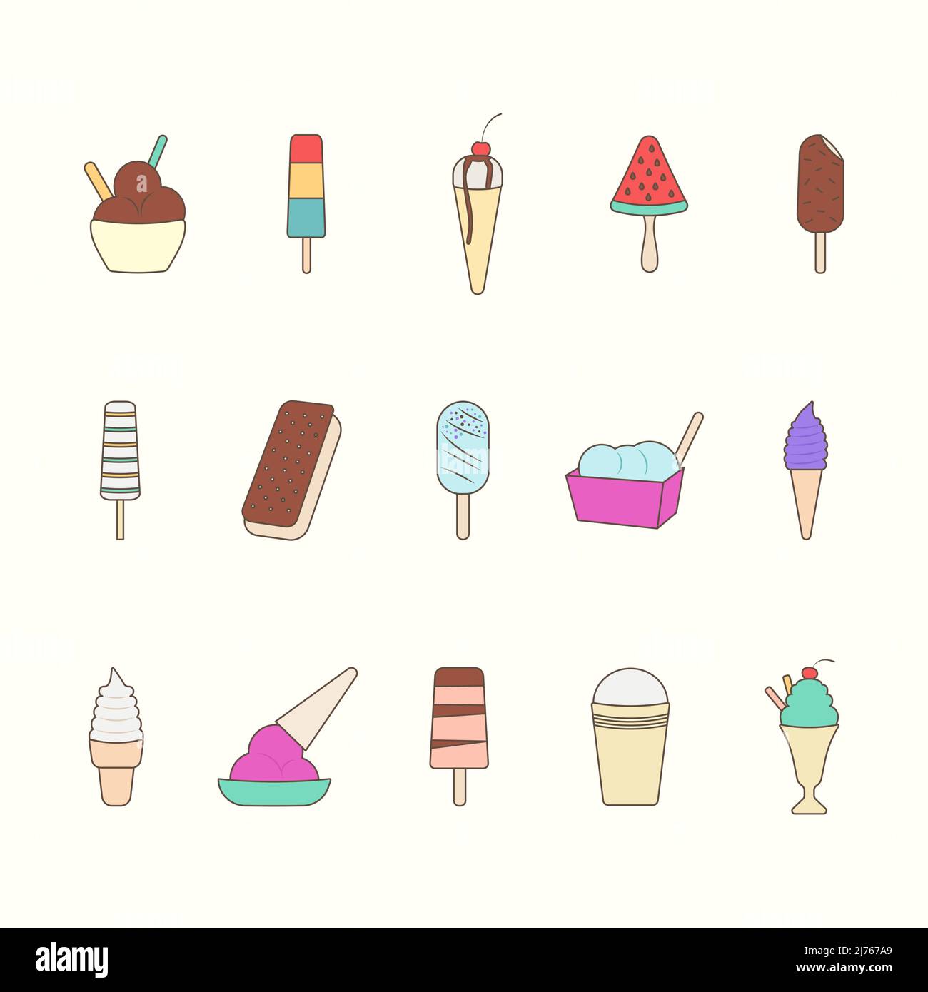 Ensemble d'icônes colorées de différents types de crème glacée Illustration de Vecteur
