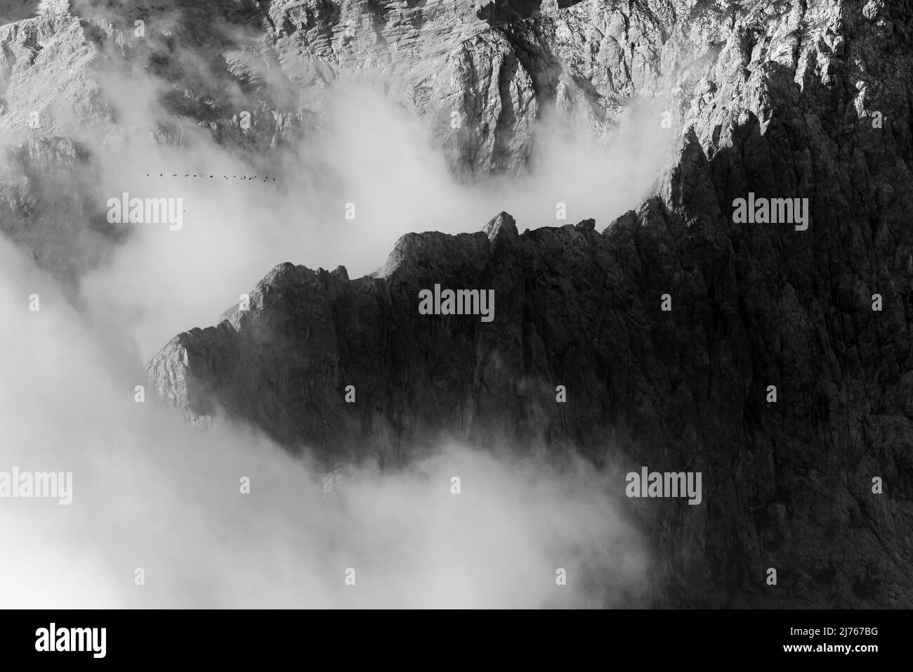 La crête de l'est Karwendelspitze dans le Tyrol avec des nuages, un troupeau d'oiseaux passe dessus. Banque D'Images