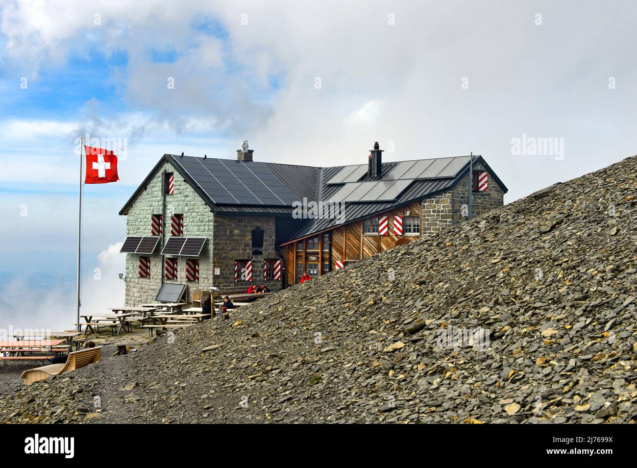 Blüemlisalp refuge du Swiss Alpine Club, sac, Alpes bernoises, Kandersteg, Suisse Banque D'Images