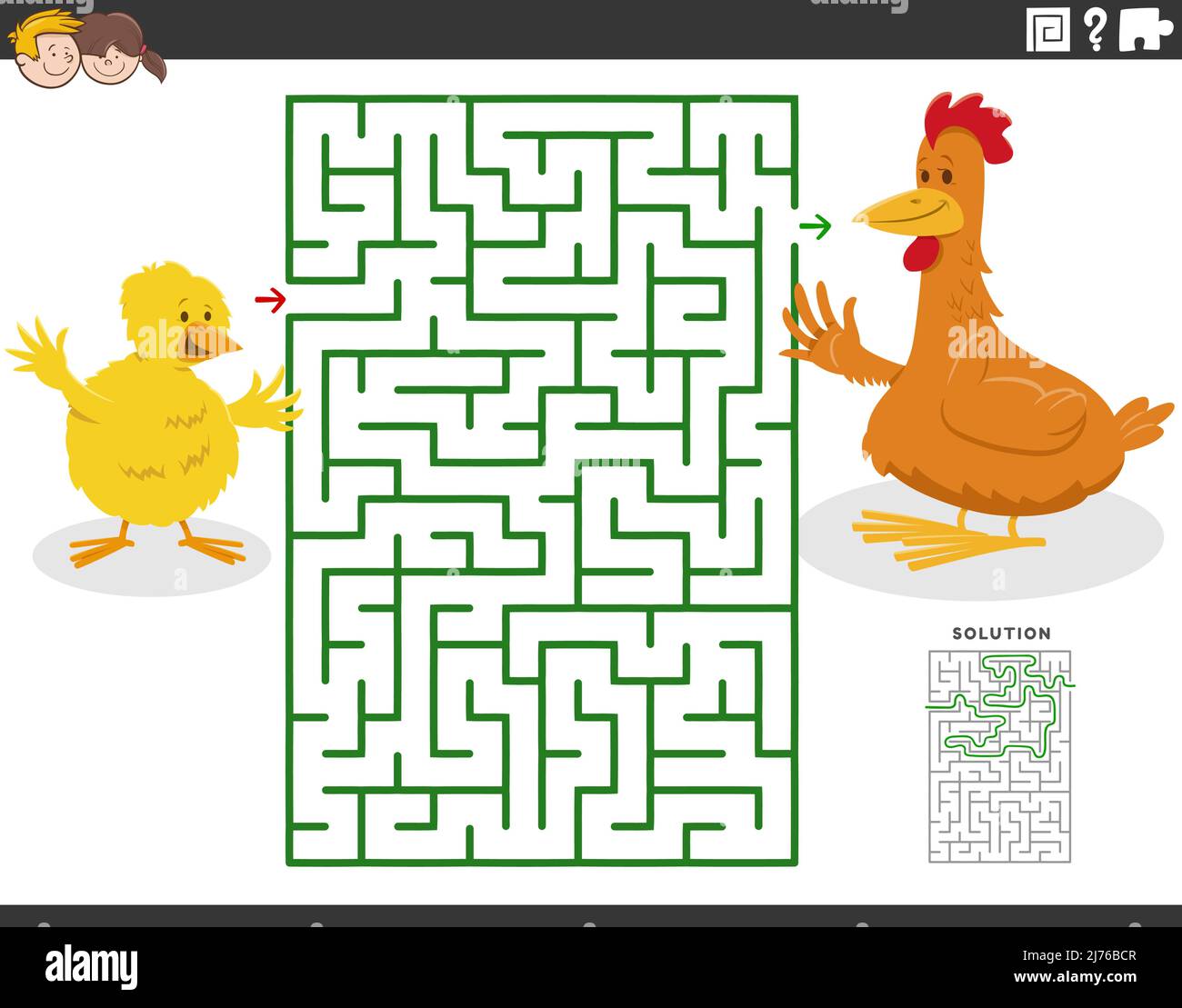 Illustration de dessin animé du jeu éducatif de puzzle de labyrinthe pour les enfants avec la mère poule et le petit poussin Illustration de Vecteur