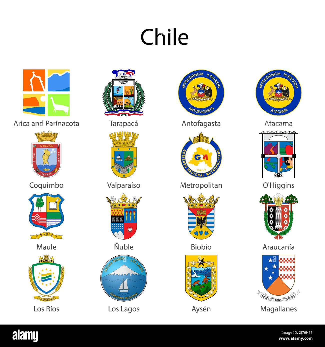 Ensemble armoiries de l'État du Chili, toutes les régions chiliennes emblème collection Illustration de Vecteur