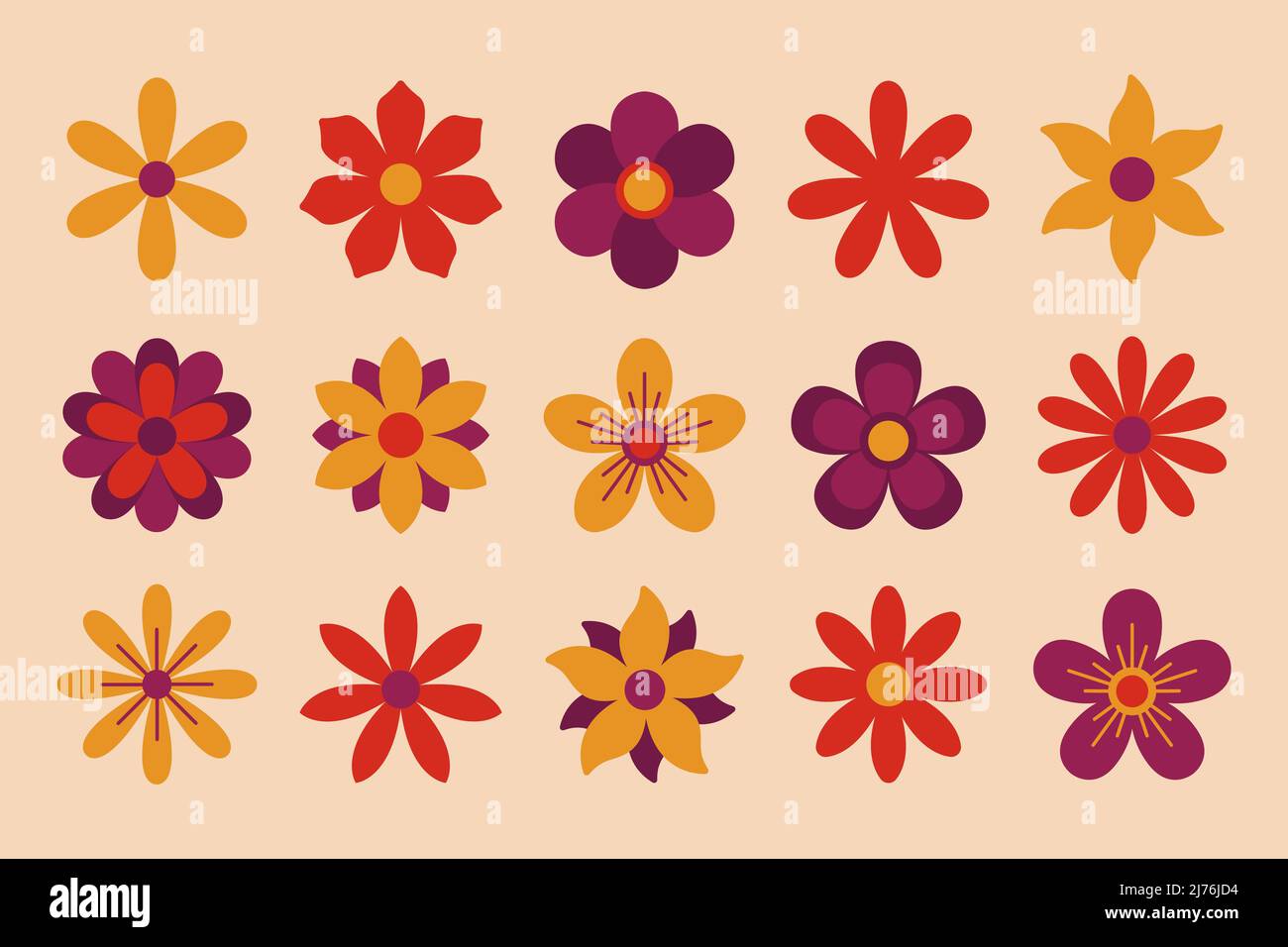 Rétro 70s fleurs vintage colorées. Collection géométrique de fleurs hippie. Illustration de Vecteur