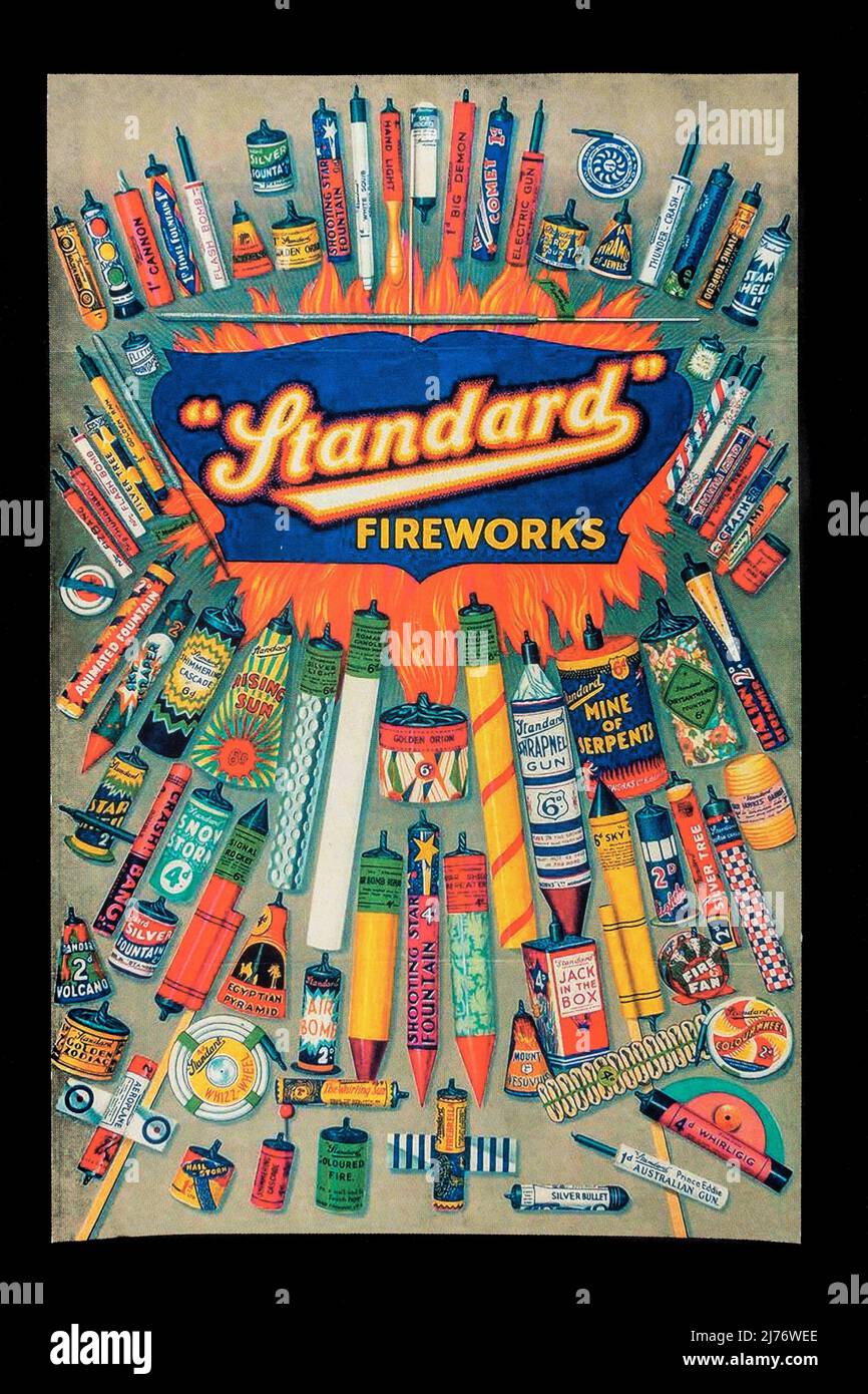 Affiche publicitaire pour Standard Fireworks, qui fait partie d'une réplique thématique des années 1960. Banque D'Images