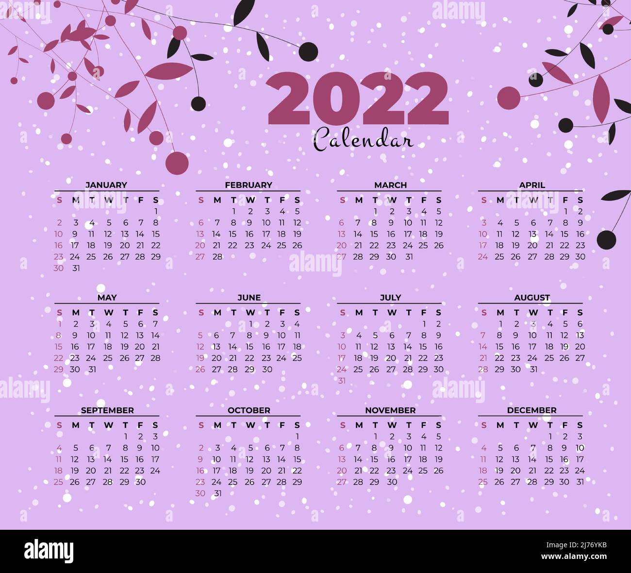 Modèle de calendrier rose noir à feuilles de neige pour l'année 2022 Illustration de Vecteur