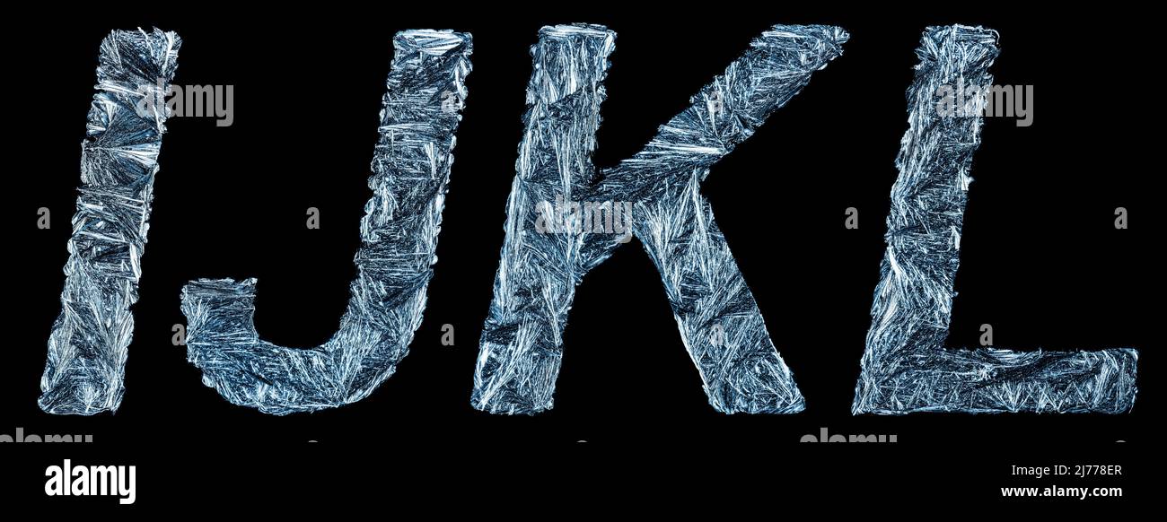 Partie des lettres uniques de l'alphabet latin - I, J, K, L sous forme de motifs hivernaux gelés isolés sur fond noir. Concept du Chr Banque D'Images