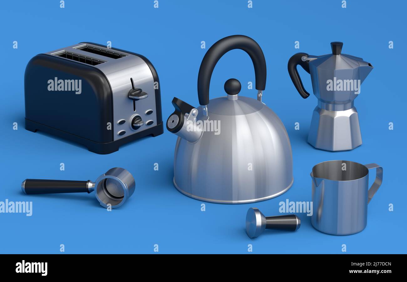 Bouilloire, grille-pain, machine à café à corne et geyser machine à café sur fond bleu. 3d appareils de cuisine de rendu faisant le petit déjeuner avec le café latte Banque D'Images