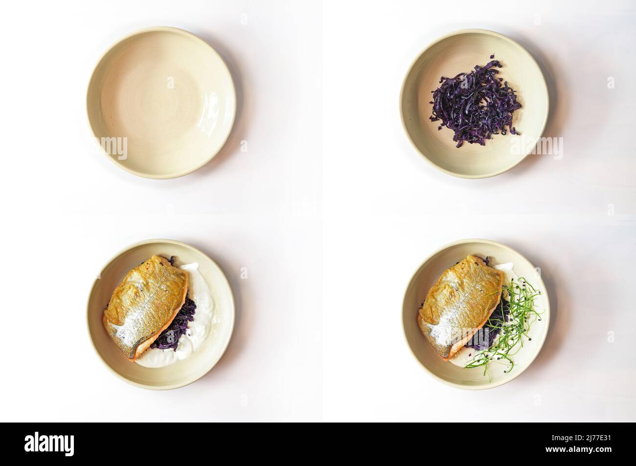 Collage en quatre étapes d'un arrangement créatif de plat de poisson, filet de char sur le chou rouge avec sauce à la crème et pousses dans une assiette profonde sur un tabl gris clair Banque D'Images