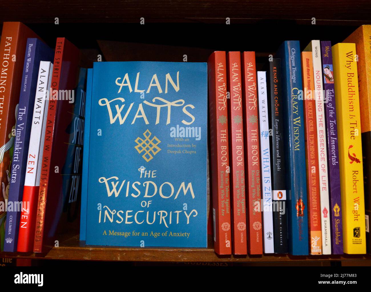 Une sélection de livres par l'écrivain anglais Alan Watts à vendre à la librairie City Lights Booksellers de San Francisco, Californie. Banque D'Images