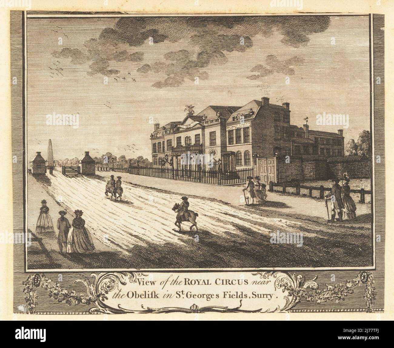 Vue sur le Royal Circus, Southwark, 18th siècle. L'artiste équestre Charles Hughes a construit l'Académie royale de cirque et d'orchestre philharmonique équestre à Saint-Georges Fields en 1782. L'obélisque a été conçu par l'architecte Robert Mylne. Gravure sur plaque de coperplate de William Thornton's New, Complete and Universal History of the City of London, Alexander Hogg, King's Arms, n° 16 Paternoster Row, Londres, 1784. Banque D'Images