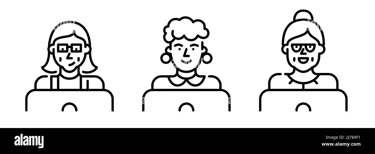 Femmes senior utilisant des icônes d'ordinateur portable. Pixel Perfect, icône de contour modifiable Illustration de Vecteur