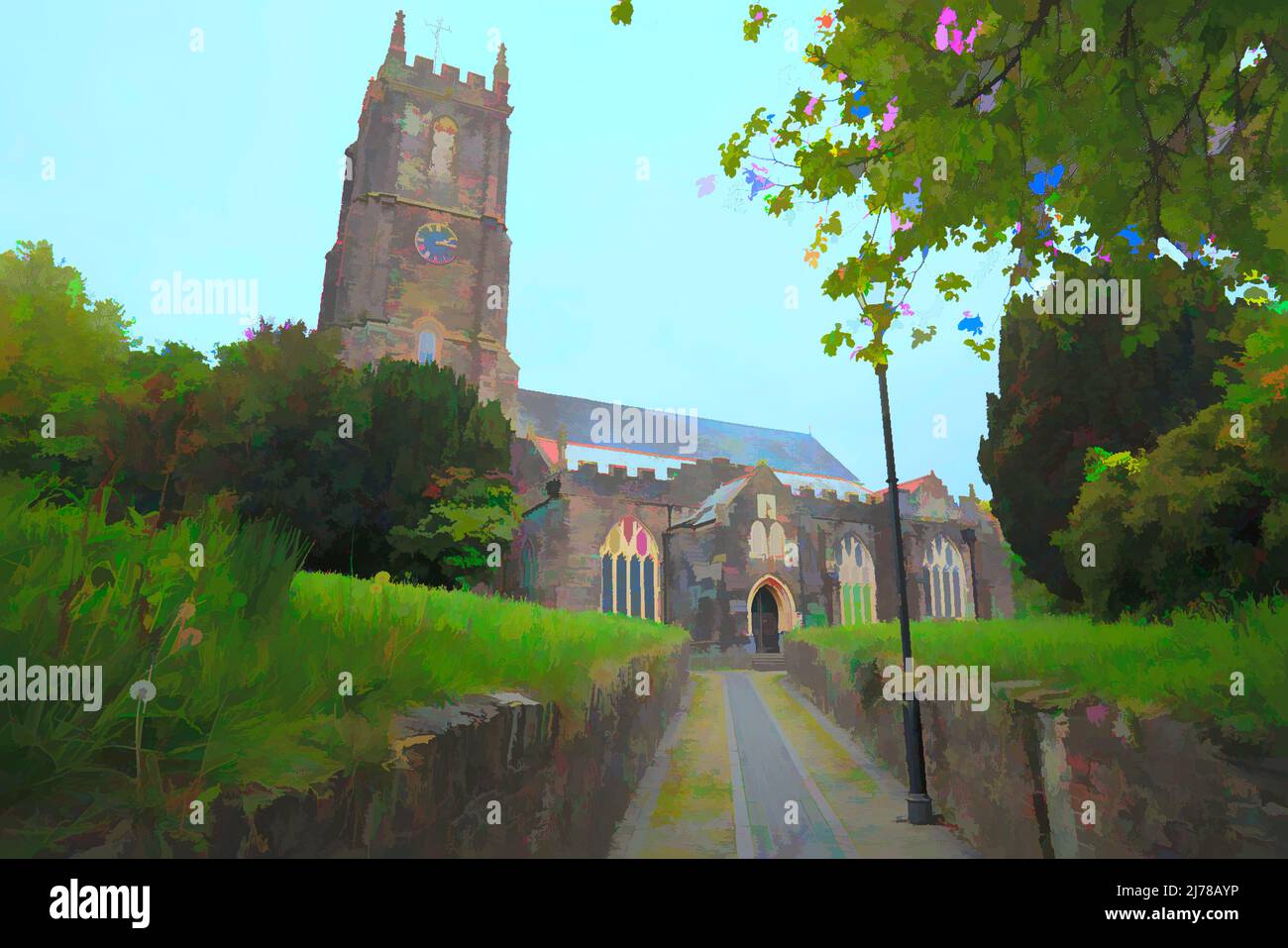 Église anglaise colorée fleurs paisible scène religieuse en Angleterre South Molton Devon Banque D'Images