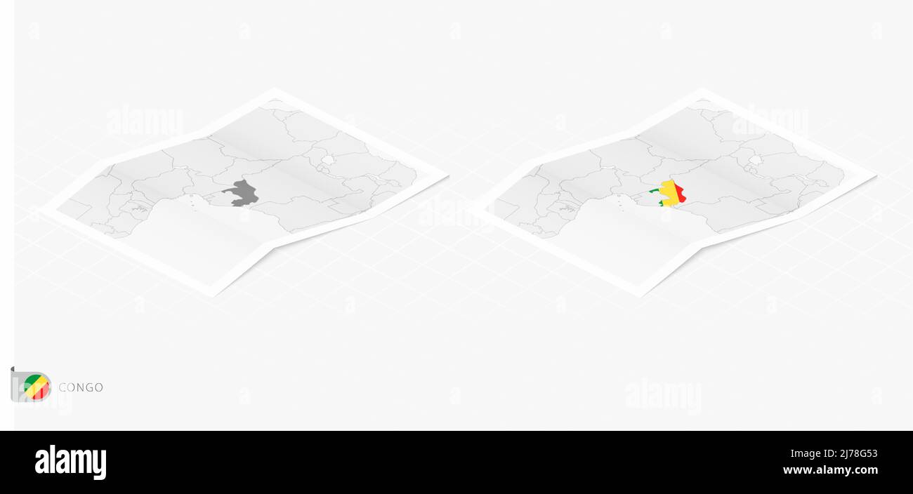 Ensemble de deux cartes réalistes du Congo avec ombre. Le drapeau et la carte du Congo dans le style isométrique. Modèle vectoriel. Illustration de Vecteur