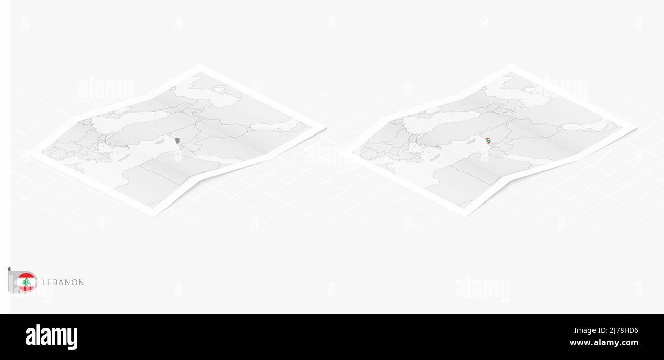 Ensemble de deux cartes réalistes du Liban avec ombre. Le drapeau et la carte du Liban dans le style isométrique. Modèle vectoriel. Illustration de Vecteur
