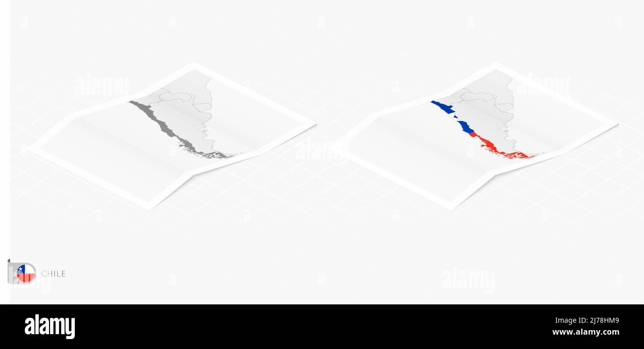Ensemble de deux cartes réalistes du Chili avec ombre. Le drapeau et la carte du Chili dans le style isométrique. Modèle vectoriel. Illustration de Vecteur