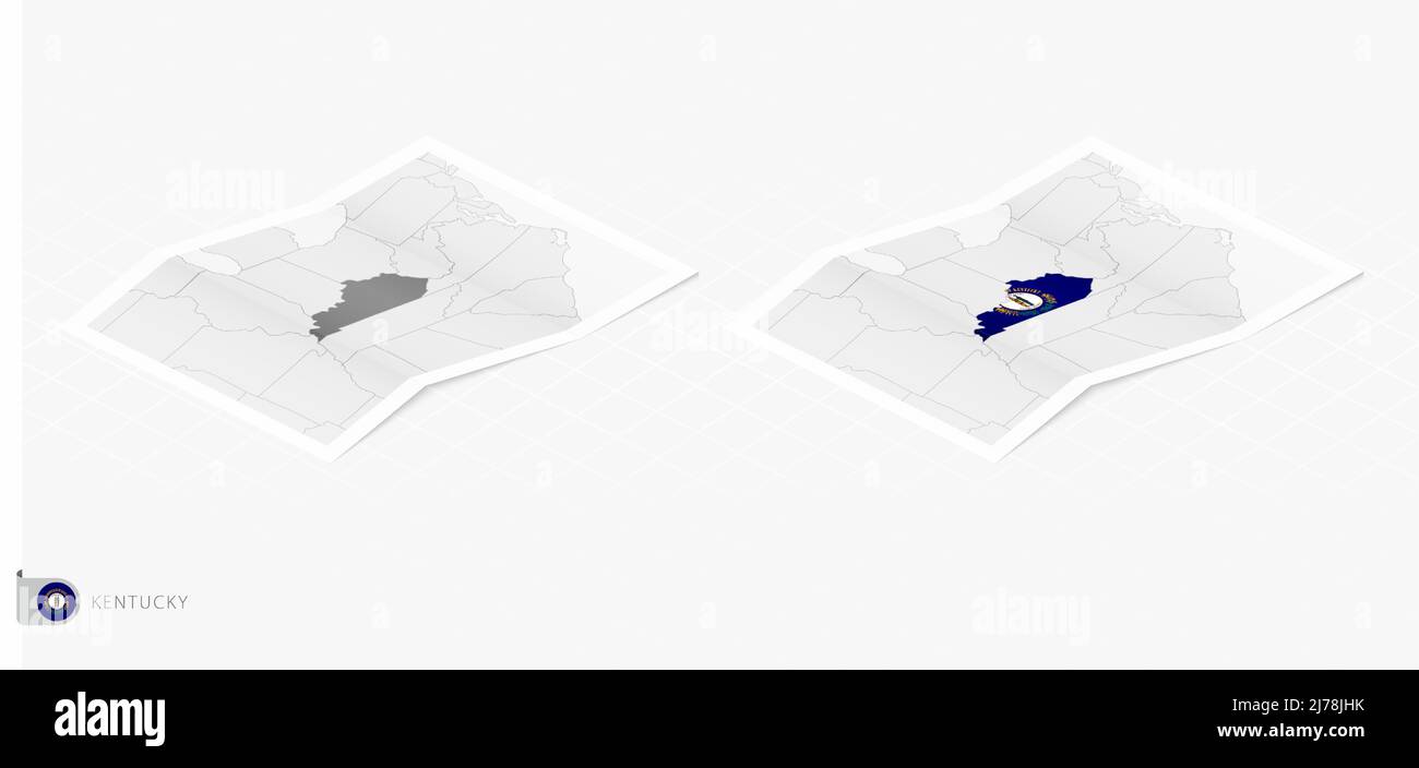 Ensemble de deux cartes réalistes du Kentucky avec ombre. Le drapeau et la carte du Kentucky dans le style isométrique. Modèle vectoriel. Illustration de Vecteur