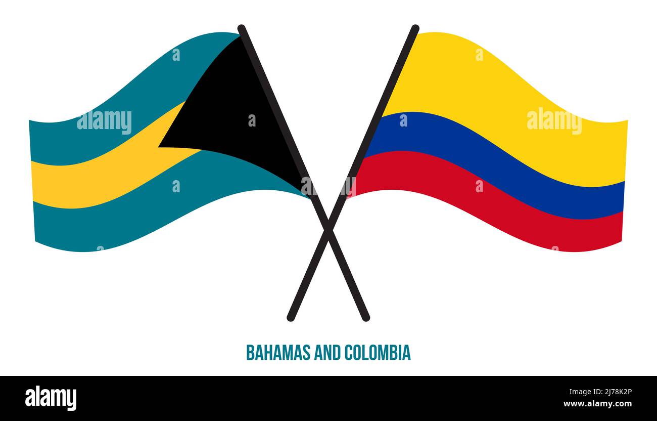 Les drapeaux des Bahamas et de la Colombie sont croisés et ondulés de style plat. Proportion officielle. Corriger les couleurs. Banque D'Images