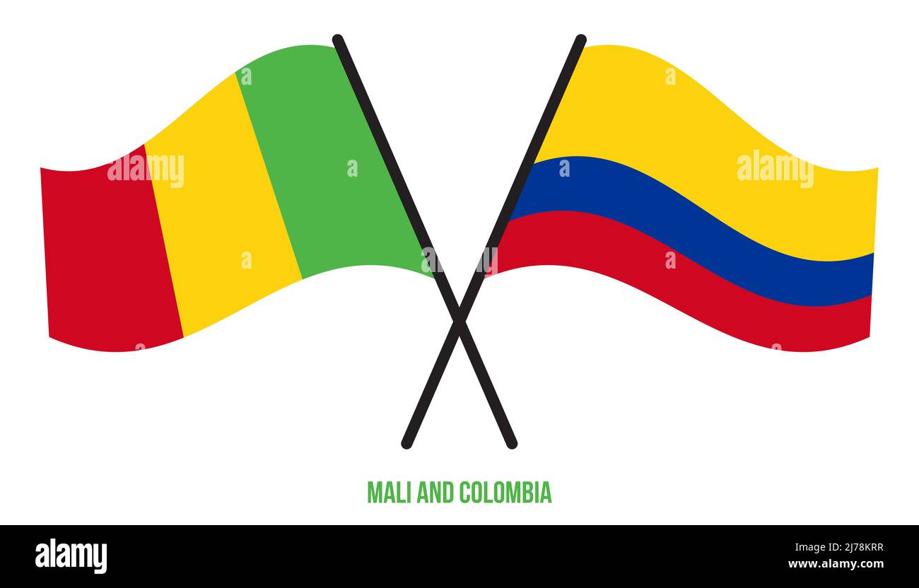 Mali et Colombie drapeaux croisés et ondulant le style plat. Proportion officielle. Corriger les couleurs. Banque D'Images