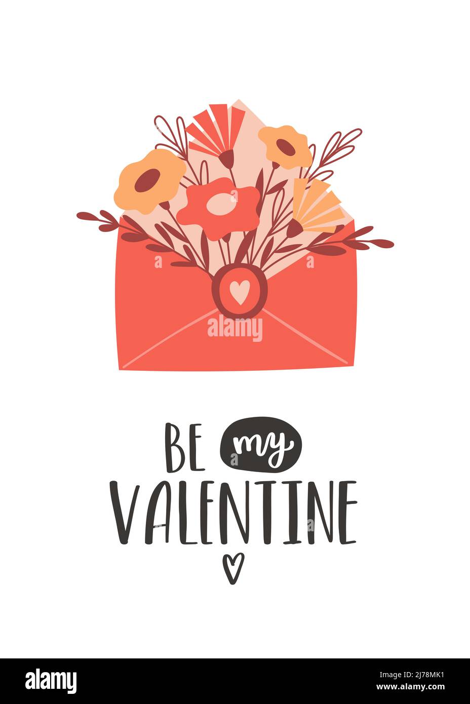 Une carte postale avec une enveloppe avec un bouquet de fleurs simples et une phrase manuscrite - soyez ma Saint-Valentin. Un symbole d'amour, de romance, de la Saint-Valentin. Illustration de Vecteur
