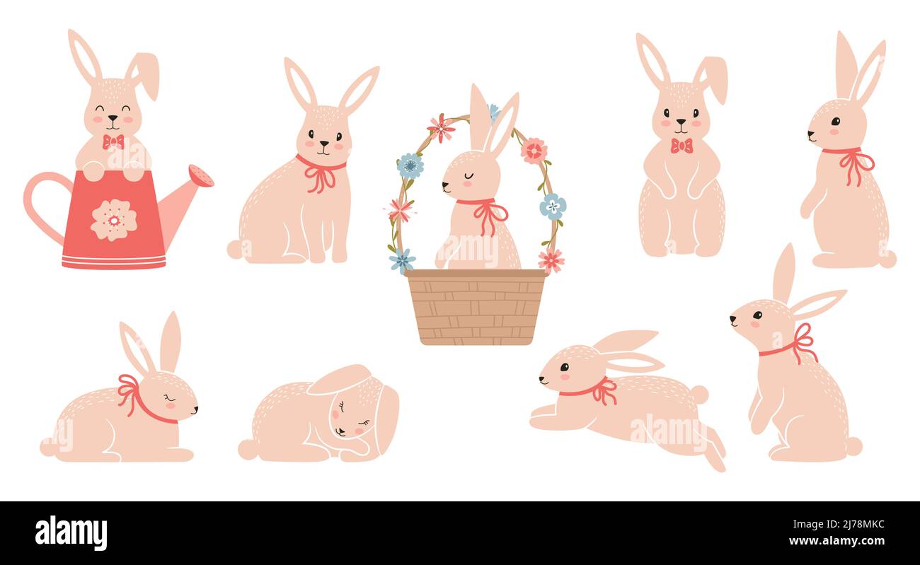 Ensemble lapin de Pâques. Lapins mignons dans différentes poses. Symbole des grandes Pâques. Éléments de design mignons. Oreilles roses, museau et pattes. Dessin animé vecteur plat colle Illustration de Vecteur