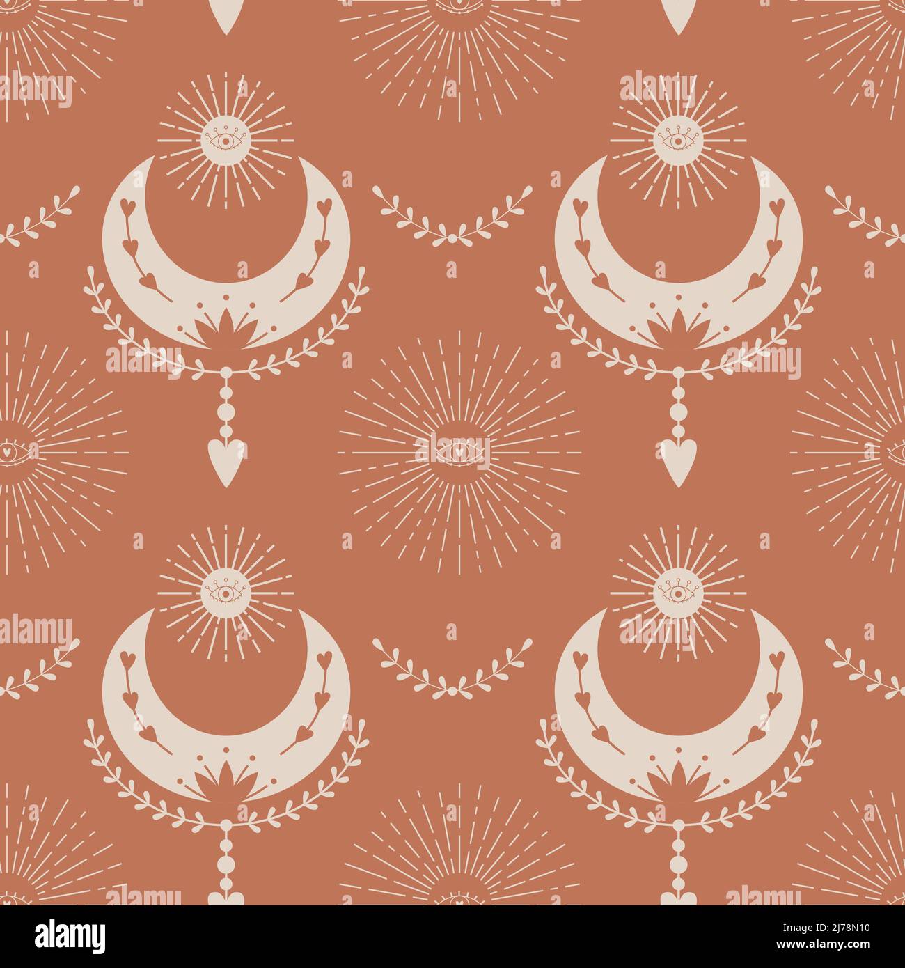 Motif vectoriel sans couture avec symboles célestes mystiques, croissant de lune, brindilles, soleil, rayons. Toile de fond pour le papier d'emballage, le raclage, le tissu, les textiles, Illustration de Vecteur