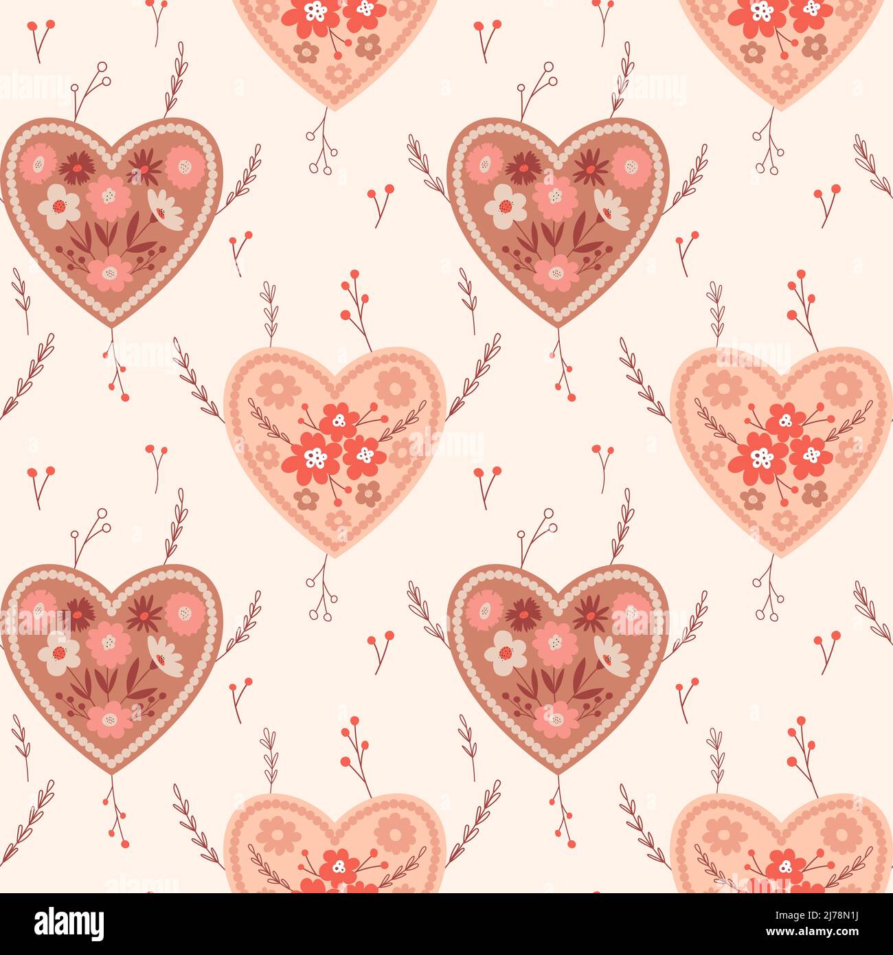 Motif vectoriel sans couture avec coeurs fleuris créatifs et brindilles simples, fleurs. Toile de fond couleur pour papier d'emballage, carte de vœux, scrapbooking, tissu Illustration de Vecteur